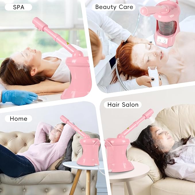 Facial Steamer Nano Ionic Face Steamer with Extendable Arm, Portable Face Steamer for Facial Deep Cleaning, Steamer for Facial for Personal Care at Home or Salon（Pink）