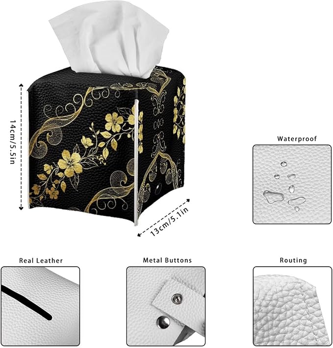 Black Marble Flower Tissue Box Holder Stylish Leather Square Tissue Box Cover with Top Handle Waterproof Napkin Case Holder Home Office Bathroom Decor