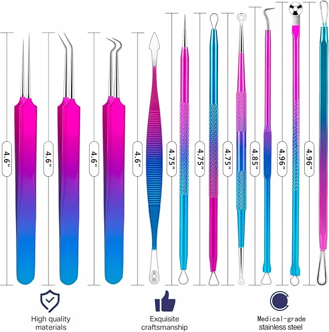 Pimple Popper Tool Kit - Ybaoo 10 Pcs Blackhead Remover Comedone Extractor Kit with Metal Case for Quick and Easy Removal of Blackheads, Zit Removing, Facial and Nose(Colorful)