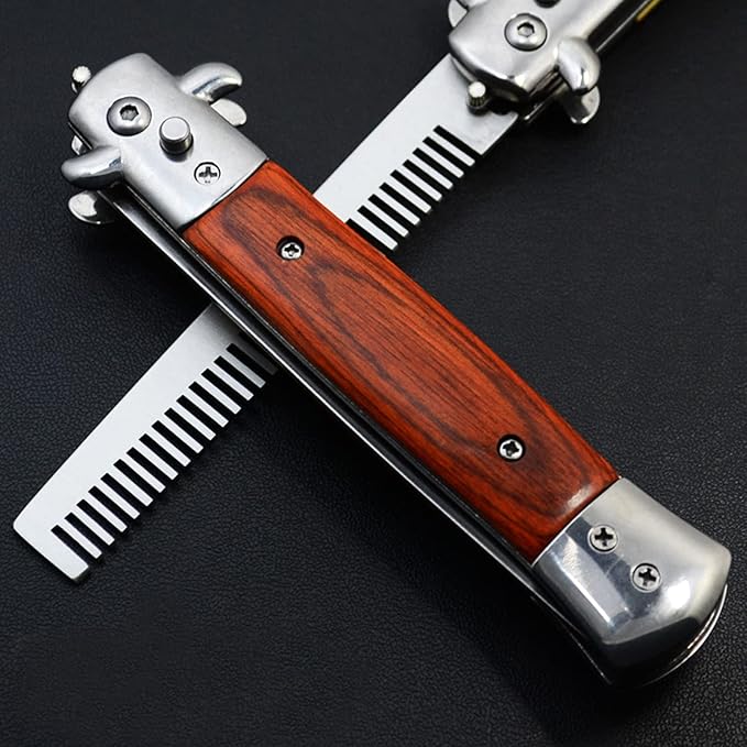 Folding Pocket Comb, Stainless Steel Beard Comb for Men, Switchblade Fine Tooth Mustache Combs Designed for Hair Salon Beauty Tool (Wood Color)