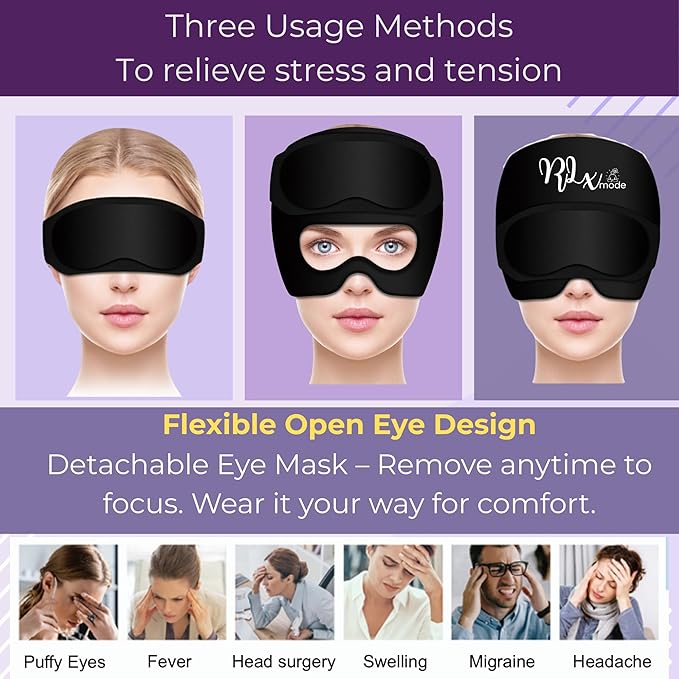 Migraine Relief Cap with Detachable Eye Mask – 2-in-1 Hot & Cold Gel Ice Head Wrap for Headaches, Sinus Pressure, Stress & Tension – Reusable Light-Blocking Headache Hat