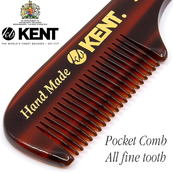 Kent 83T Small Gentleman's Beard and Mustache Pocket Comb, Fine Toothed Travel Size for Facial Hair Grooming and Styling. Saw-cut of Quality Cellulose Acetate, Hand Polished. Hand-Made in England