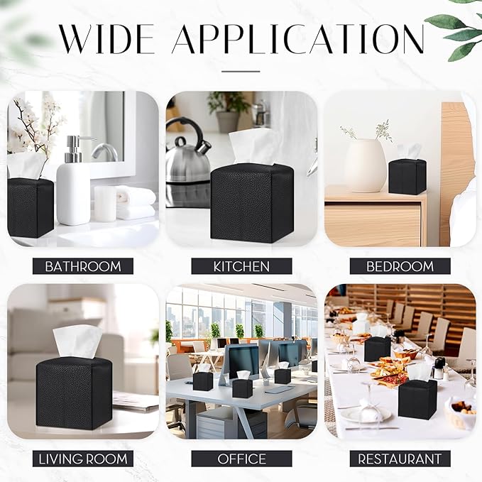 Honeydak 10 Pcs Tissue Box Cover Square Modern PU Leather Tissue Box Holder Decorative Organizer Container for Bathroom Vanity Countertop, Night Stands, Office Desk Car Supply 5.3"x5.3"x5.3"(Black)