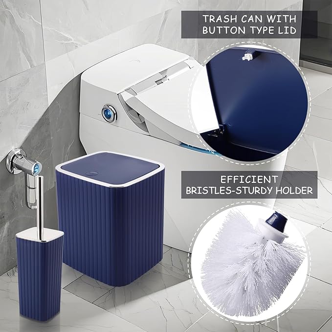 Bathroom Set with Shower Curtain and Rugs- 25PC Bathroom Accessory Set, Navy Blue Shower Curtain Set, Toilet Brush, Trash Can, Qtip Holder & Soap Dispenser