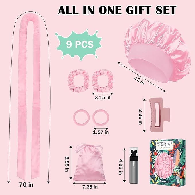 Satin Heatless Curls Overnight Hair Curlers to Sleep In Hair Curler Rollers No Heat Hair Wrap for Curls Headband, 70" Satin Heatless Curling Rod Set for Women Long Waves Hair Volume -Pink 9PCS