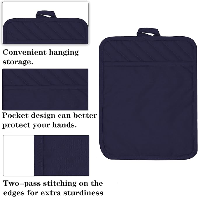 Oven Pot Holder with Pocket Cotton Heat Resistant Coaster Potholder Kitchen Hot Pad Oven Mitts for Cooking Square 7"x9"Set of 5 (Navy Blue)