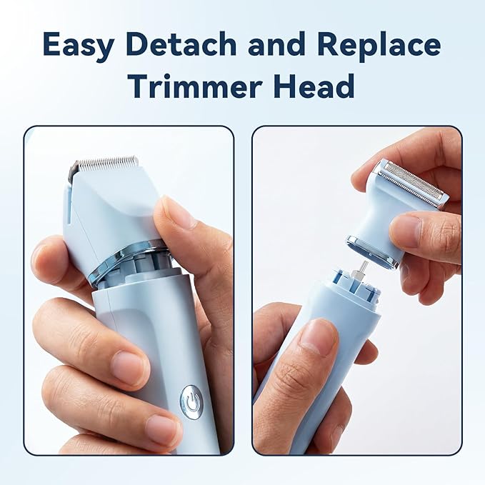 Electric Razors for Women – 4 in 1 Bikini Trimmer with Replaceable Body, Facial, Nose & Foil Shaver Heads, IPX7 Waterproof Pubic Hair Remover, Rechargeable Grooming Kit for Shower & Travel (Blue)