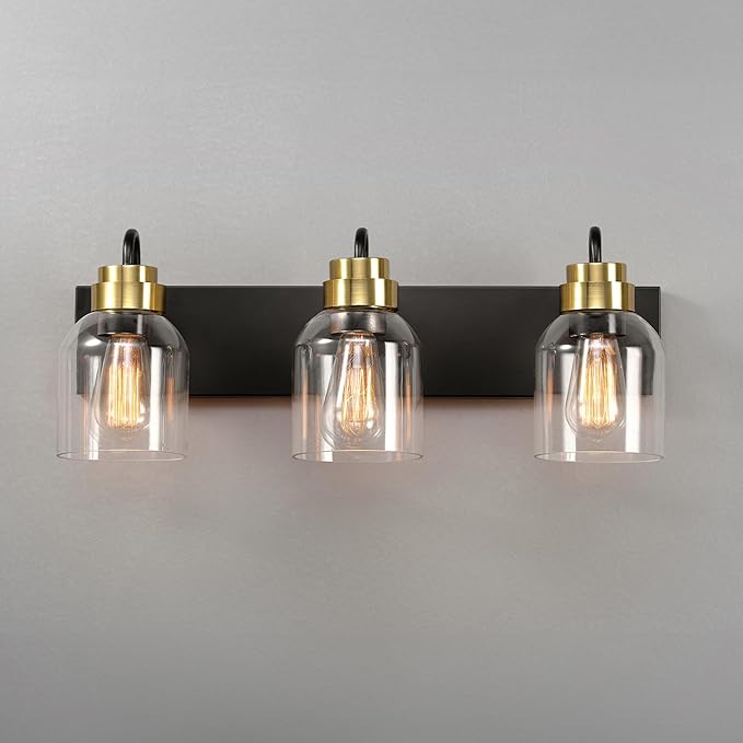 Globe Electric 63000200 22" 3-Light Vanity Light, Matte Black, Matte Brass Accents, Glass Shades, Beauty Room Accessories, Lights for Bathroom, Powder Room Lighting, Bathroom Lights Over Mirror