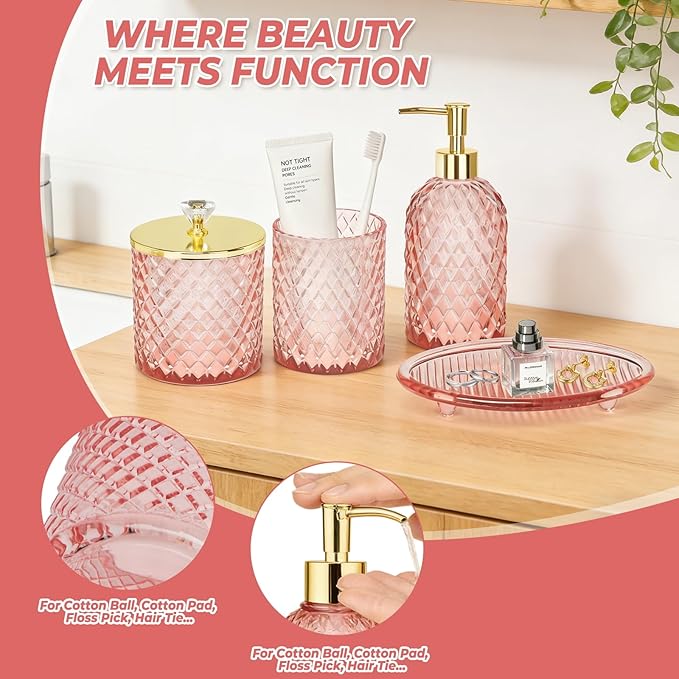 Jenseits Diamond Glass Bathroom Accessories Set 4 Pcs - Pink & Gold Bathroom Decor Set with Soap Dispenser, Toothbrush Holder, Qtip Jar, Vanity Tray - Luxury Gift for Women, Home Apartment Essentials