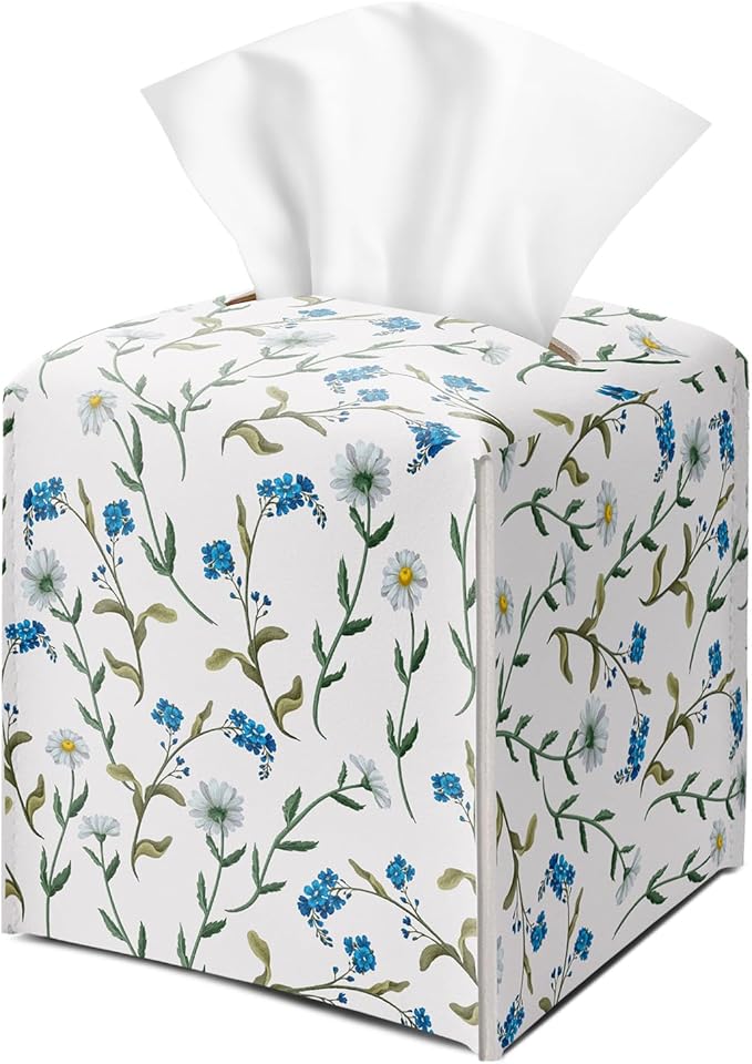 Dasiy and Blue Floral Tissue Box Cover Square with Bottom Belt, Leather Waterproof Tissue Holder Facial Paper Case for Tabletop Home Office Bathroom Car Decor -01