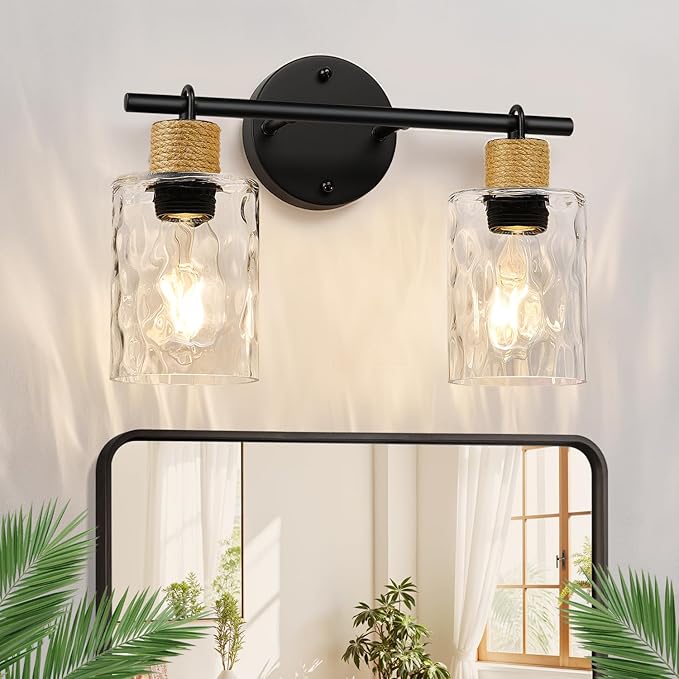 Bathroom Light Fixtures, 2-Light Coastal Vanity Lights with Crystal Glass Shade, Black Bathroom Wall Lamp for Mirror Kitchen Hallway Cabinet