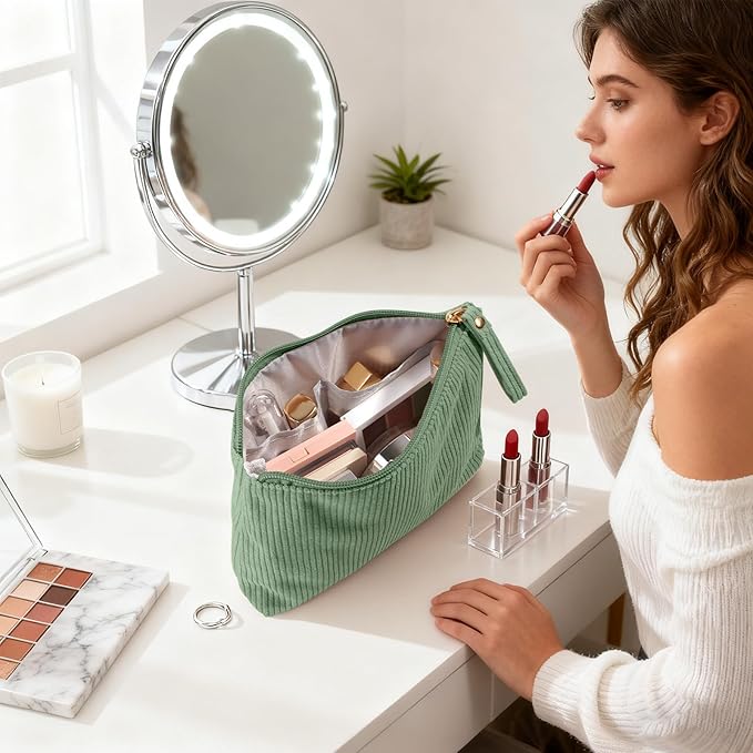 MAGEFY Small Makeup Bag, Corduroy Small Pouches for Purse Cosmetic Bag Makeup Pouches for Key Pocket Lipstick Bag Card Holder Data Cable Organizer(Green,Small)