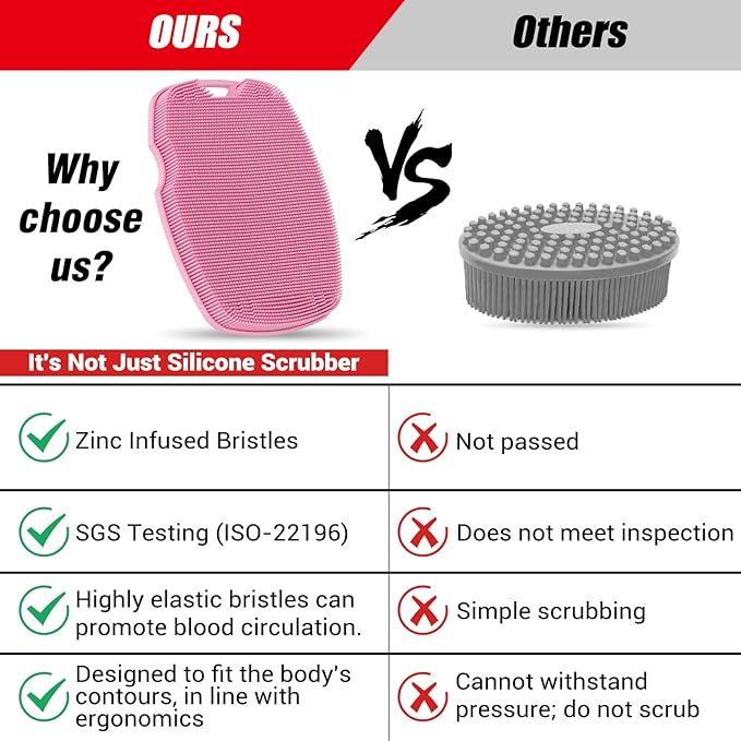 Silicone Body Scrubber - Anti Zinc Infused-Highly Elastic Bristles Exfoliating Body Scrubber for Shower Body,Cellulite Reduction,Blood Circulation - Pink