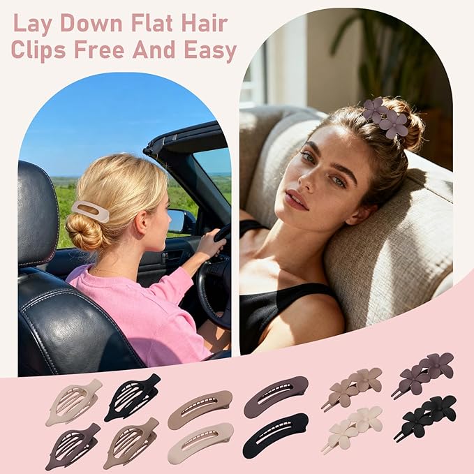 12 Pack Flat Hair Clips Set for Women –Matte Neutral Claw Clips, Flat Barrettes & Flower Hair Pins in Black, Blonde,Light Brown & Dark Brown, Strong Hold Styling Accessories for Thick & Thin Hair