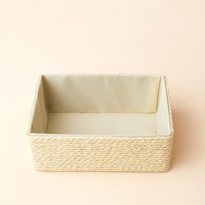 Storage Baskets Set 4 - Stackable Woven Basket Paper Rope Bin, Storage Boxes for Makeup Closet Bathroom Bedroom (Beige)