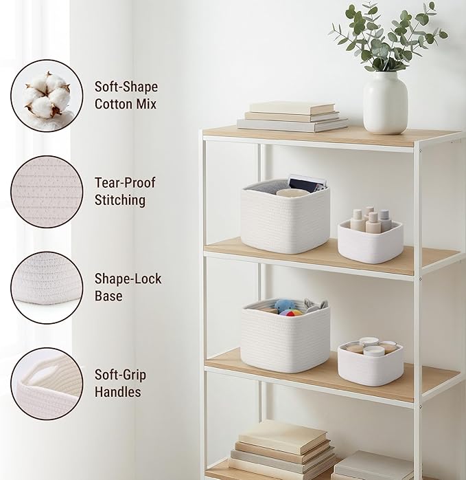 5-Pack Storage Cubes Woven Rope Baskets - 2 Sizes Organizer Bins for Closet, Shelf, Bookshelf, Nursery, Changing Table, Cube Storage Bins, Storage Baskets for Bathroom Toy & Home
