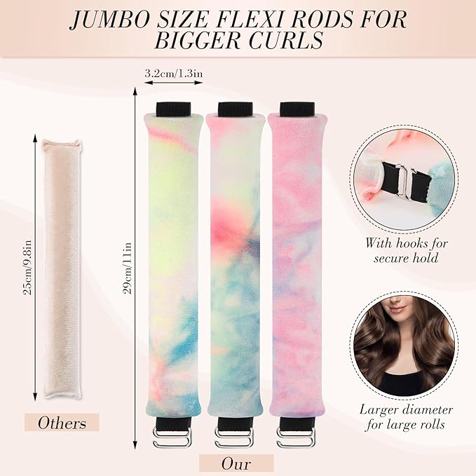 Obeoby 4 Pack Heatless Curling Rod, Overnight Curls with Hook Velvet Hair Curlers to Sleep in Blowout Rods No Heat Curls with Silk Scarf for Women Medium Long Hair, Pink Tie-Dye