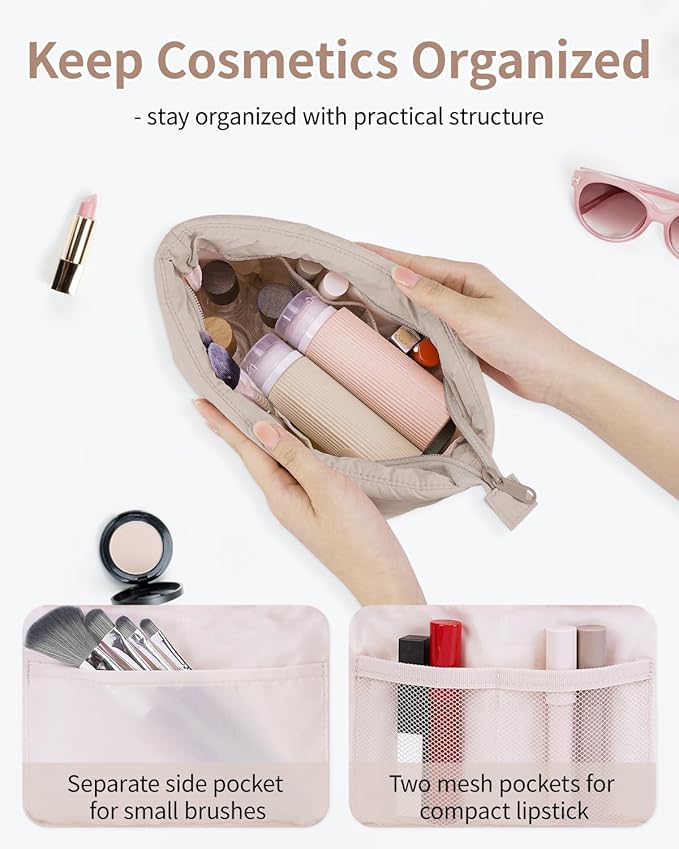 Narwey Travel Makeup Bag for Women Girl, Puffer Makeup Up Organizer Bag Cosmetic Bag, Puffy Cute Makeup Pouch Purse, Travel Toiletry Bag (Khaki)