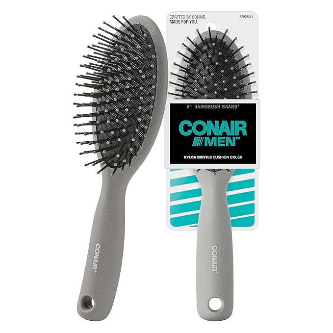 CONAIR Men Hair Brush, Men’s Detangler Brush for Everyday Brushing and All Hair Types, Flexible Cushion Base with Ball-Tipped Bristles Won’t Snag or Pull, Slate Gray