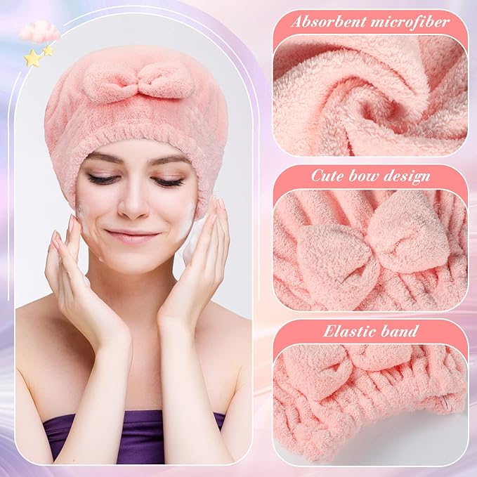 Sureio 4 Pcs Microfiber Hair Drying Towels Fast Drying Shower Cap Ultra Absorbent Hair Turban Head Wrap with Bow Knot Plopping Towel for Women for Curly Long Thick Wet Hair