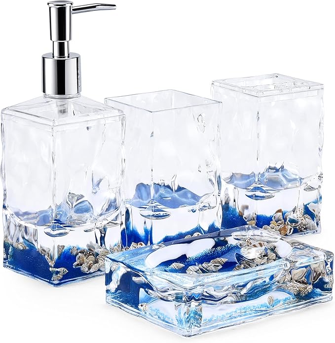 Locco Decor 4 Piece Acrylic Liquid 3D Floating Motion Bathroom Vanity Accessory Set Oceam Theme Shell Toothbrush Holder, Tumbler, Soap Dispenser, Soap Dish