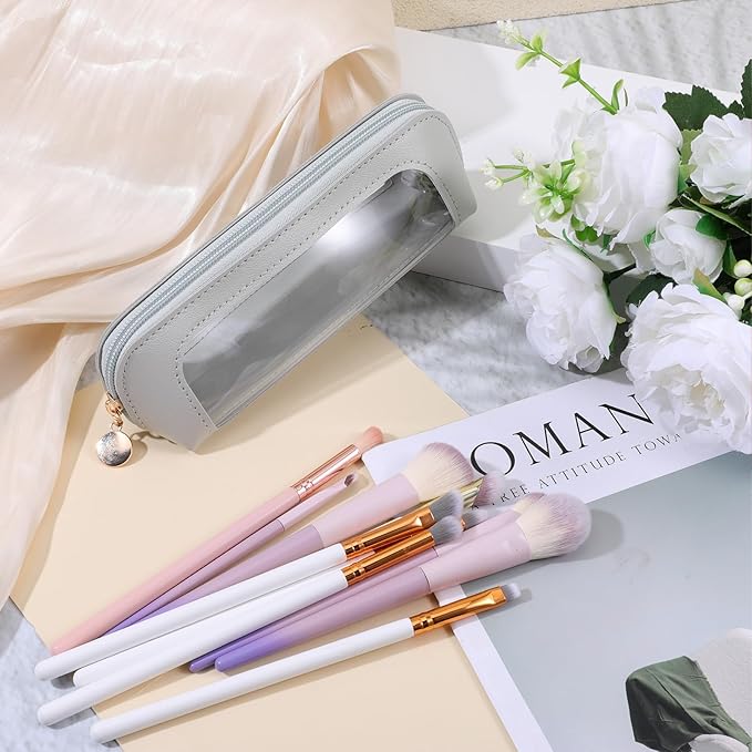 Small Clear Makeup Bag, PU Leather Travel Makeup Brush Bag Portable Transparent Waterproof Cosmetic Pouch with Zipper for Women Home Travel Office Cosmetic Storage (Grey)