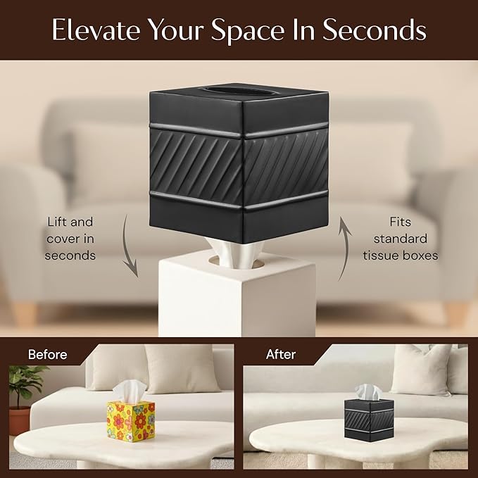 Monarch Abode Tissue Box Cover Square – Handcrafted Wave Embossed Black Metal Tissue Holder Box for Bathroom Accessory, Aesthetic Decorative Facial Napkin Cube for Modern Home Decor