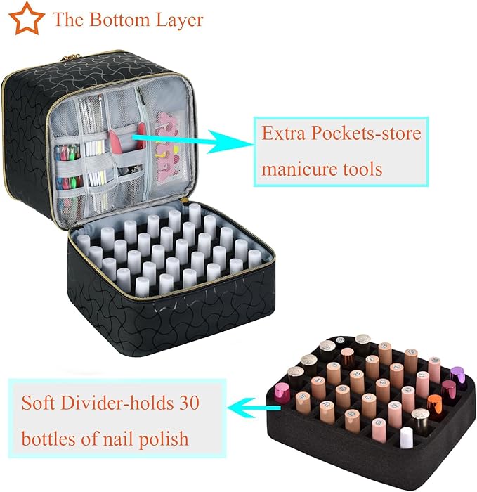 Nail Polish Organizer and Nail Lamp Case, Nail Kit Organizer Holds 30 Bottles (15ml - 0.5 fl.oz) and a Nail Lamp, Nail Polish Carrying Case with Manicure Tools Storage Sections (B-Black)
