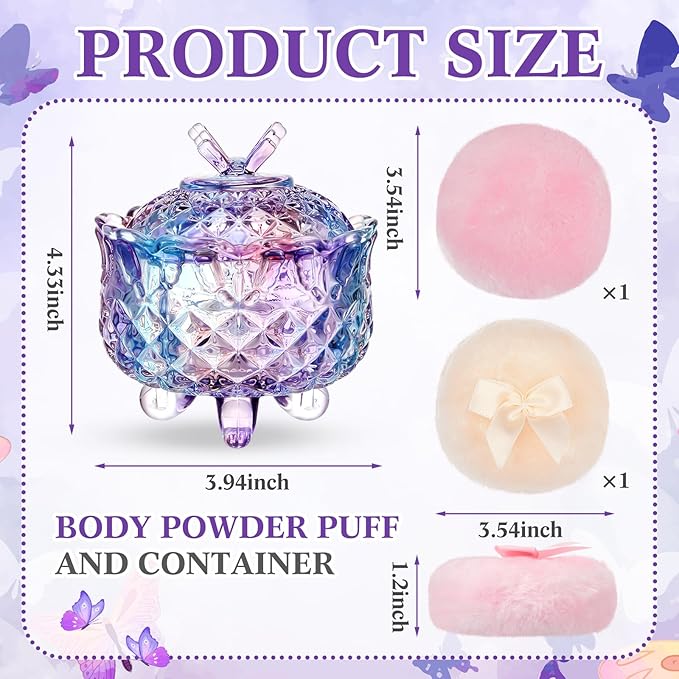 Tioncy 3 Pcs Large Body Powder Puff and Container Powder Container with Puff Crystal Case Soft Washable Reusable Velour Face Body Glitter Wet Dry Makeup Gift(Butterfly, Pastel)