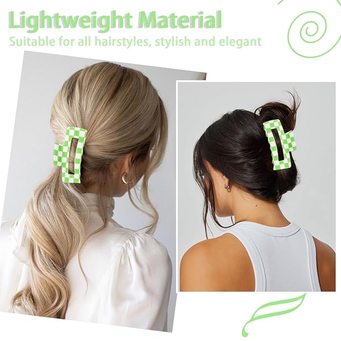 2 PCS Checkered Hair Claw Clips Green Non Slip Hair Jaw Clips Strong Hold Rectangle Hair Claw Multicolored Plaid Checkered Hair Clip Rectangle Hair Barrettes Hair Styling Accessories for Women Girls