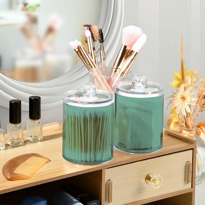 Teal Green Retro Qtip Holder Organizer Dispenser Cotton Swabs Cans Plastic Jars with Lid Set 4 Pack Bathroom Storage Canister for Cotton Ball Floss Cotton Pads