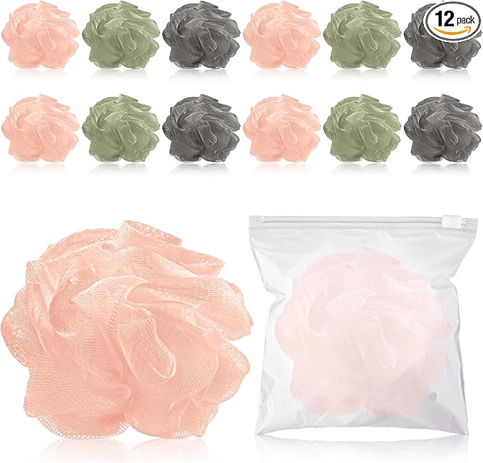 12 Pcs Travel Size Loofah Individually Wrapped, Small Shower Puff Bath Sponge Pouf Ball Bulk Mesh Bath Puff Mini Loofah Sponge with Case Bulk for Shower Care (25g,Morandi Color)