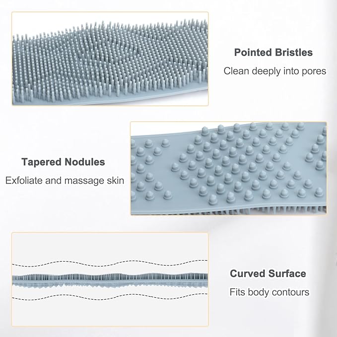 Silicone Back Scrubber for Shower Men, Dual-Sided Back Exfoliator Washer Scrub Strap - 100% Back Coverage to Clean, Exfoliate and Massage, Hygienic, Durable and Easy to Clean, Grey - 36 Inch