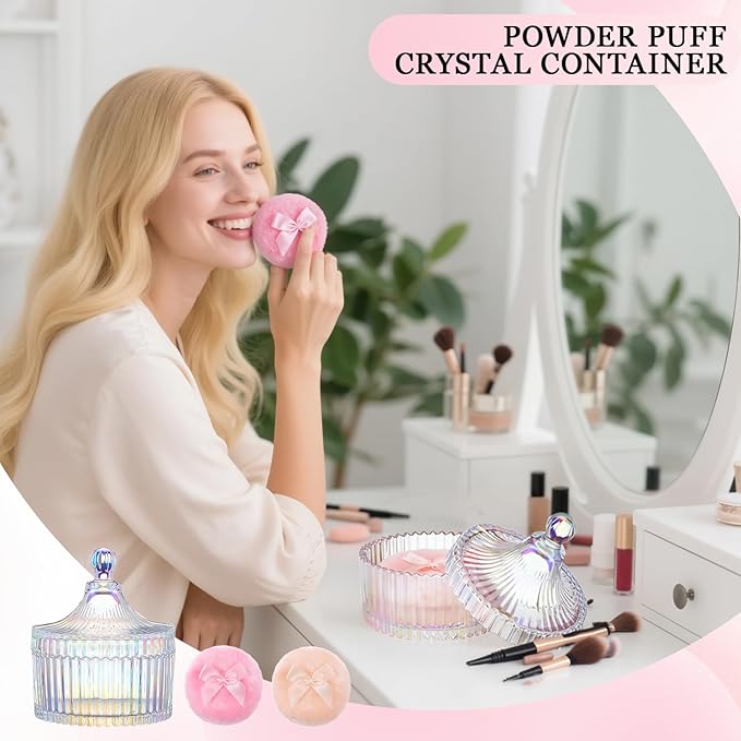 5 Pcs Extra Large Body Powder Puff and Container Set – 5.43" Oversize Crystal Powder Container | 3.54" Ultra-Soft Velour Puff, Washable & Reusable, Ideal for Face/Body Glitter & Wet/Dry Makeup
