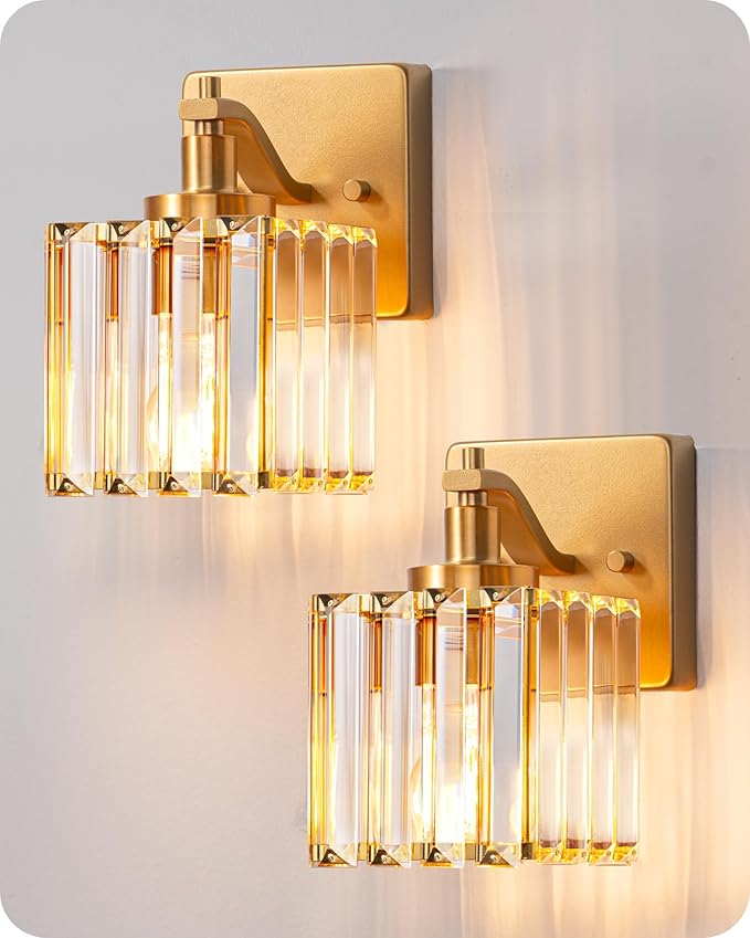 EDISHINE Hardwired Bathroom Vanity Light, Modern Bathroom Lighting Fixtures Over Mirror, Wall Sconces Set of Two with Crystal Shade, Bath Lamp for Living Room, Bedroom, Powder Room, E26 Base, Gold