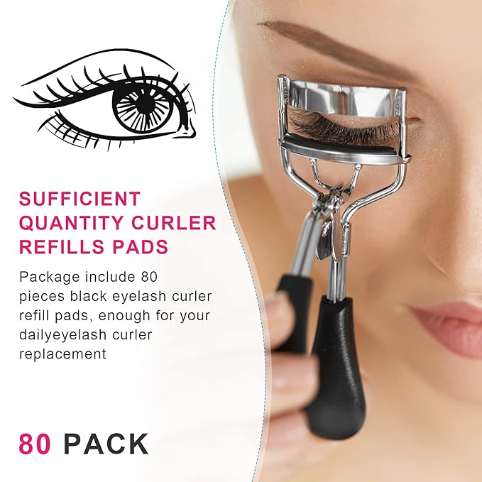Mudder 80 Pieces Eyelash Curler Refills Eyelash Curler Pads Silicone Rubber Replacement Refills Pads for Universal Eye Lash(Black, Rose)