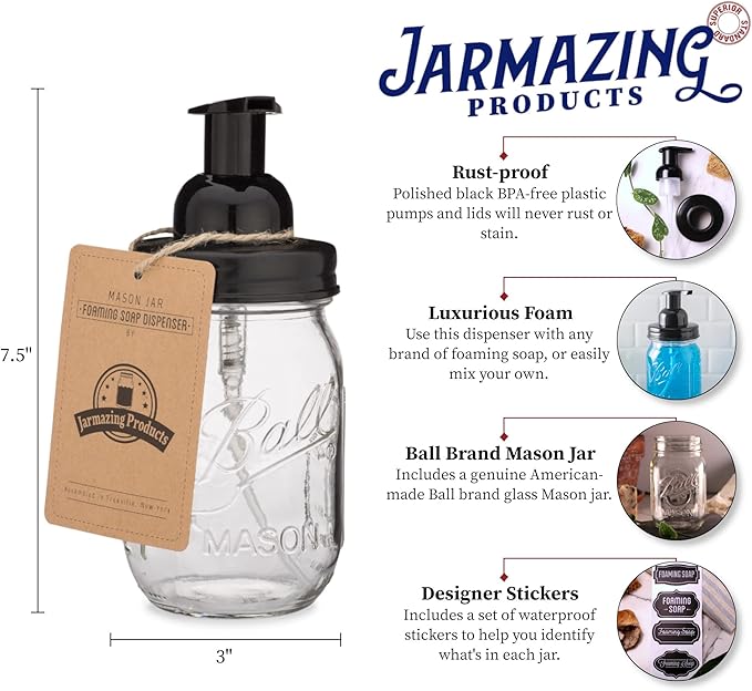 Jarmazing Products Mason Jar Foaming Soap Dispenser - Black - with 16 Ounce Ball Mason Jar - One Pack!