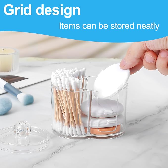 Cotton Swab Holder Dispenser Dual-Compartment Cotton Organizer Clear Vanity Canister with Removable Dustproof Lid Bathroom Accessories Storage Organizer for Cottons Swabs Balls Pads Floss