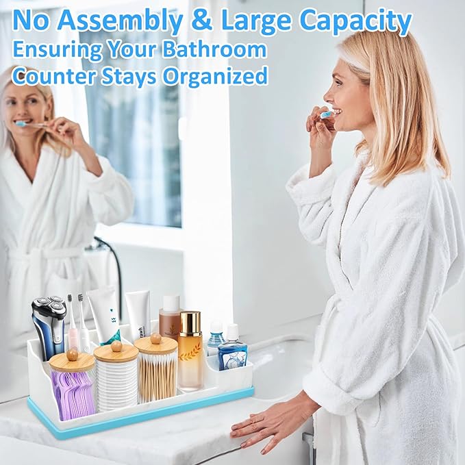 Bathroom Counter Organizer, Large Silicone Toothbrush Holders for Bathrooms with 3PCS Qtip Holder, Detachable Bathroom Organizer Countertop Toothbrush and Toothpaste Holder Makeup Organizer for Vanity