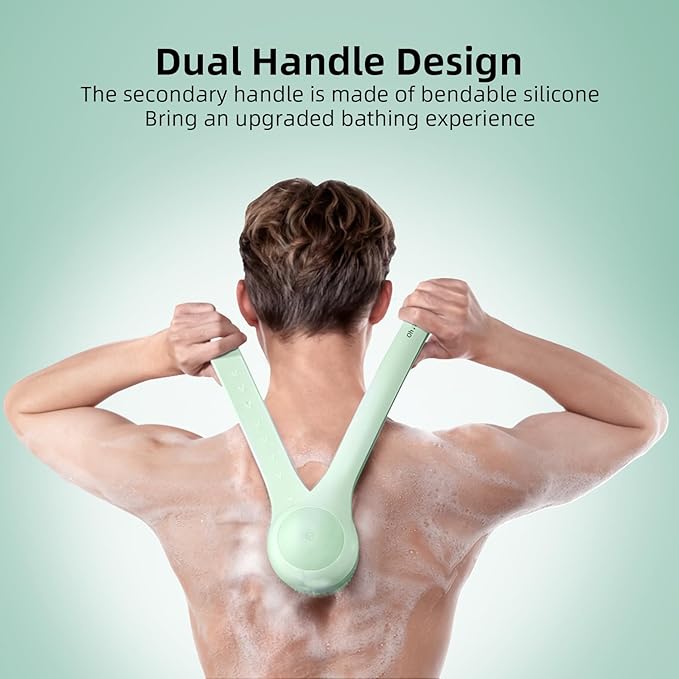 Electric Body Brush Back Scrubber for Shower, Waterproof Long Dual Handle Body Scrubber with 3 Heads, Bath Brush & 2 Speeds, for Cleansing, Exfoliating and Massaging Skin, Pale Cypress Green