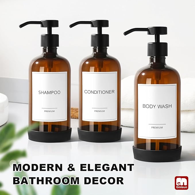 GMISUN Plastic Shampoo and Conditioner Dispenser with Silicone Sleeves, 21 oz Amber Shower Soap Dispenser Bottles with Labels, Refillable Shampoo Conditioner Body Wash Dispensers Set of 3
