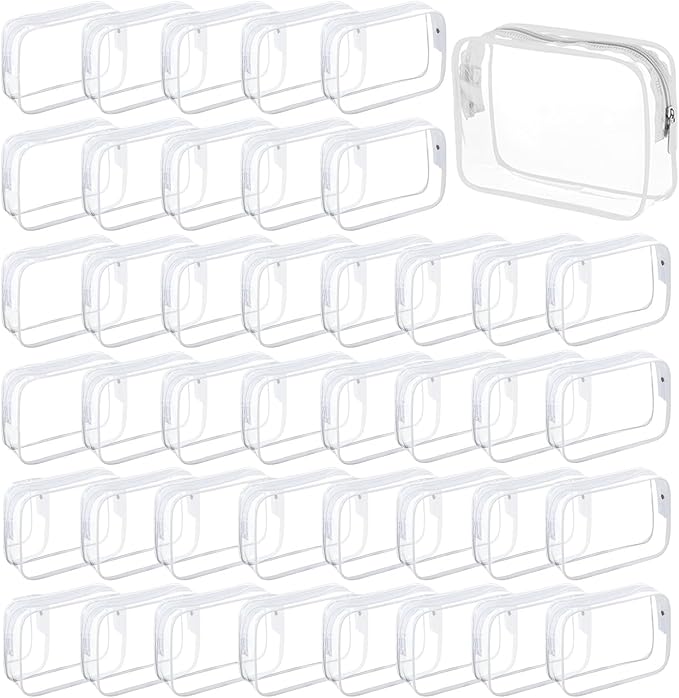 Tergy 50 Packs Clear Cosmetics Bags for Women Men Waterproof Toiletry Bags PVC Makeup Bags Organizer Case with Zipper for Travel Bathroom (50 White)