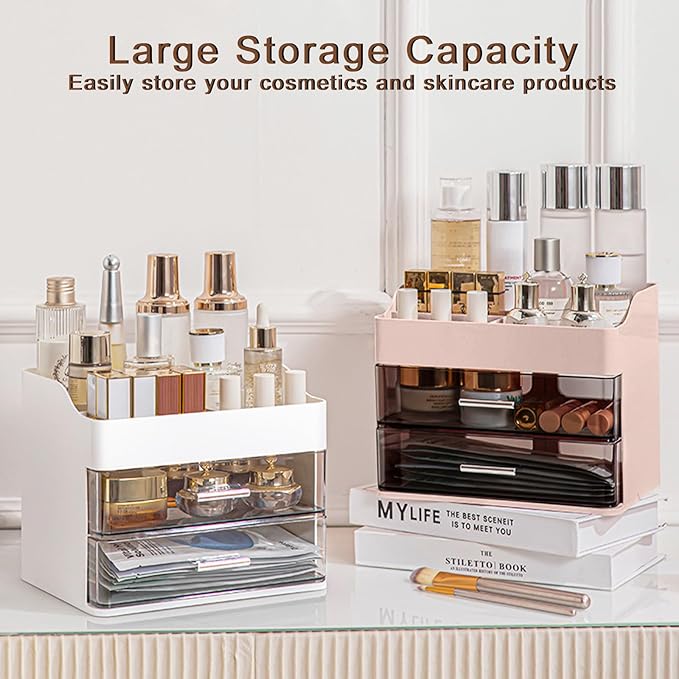DASITON Makeup Organizer with 2 Drawers, Large Capacity Makeup Cosmetic Organizers for Vanity Dresser Bathroom Countertop, Vanity Organizer Makeup Storage Box for Skincare, Eyeshadow, Lotions (White)
