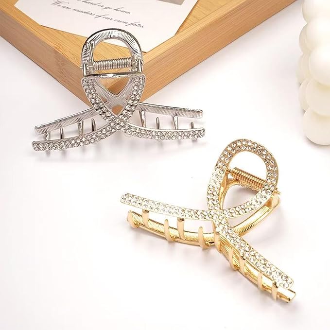 2 Pcs Medium Rhinestone Claw Clips For Women, Gold and Sliver Metal Elegant Hair Clip For Thick Hair, Girls Decorative Sparkly Dressy Hair Clips (Style 1)