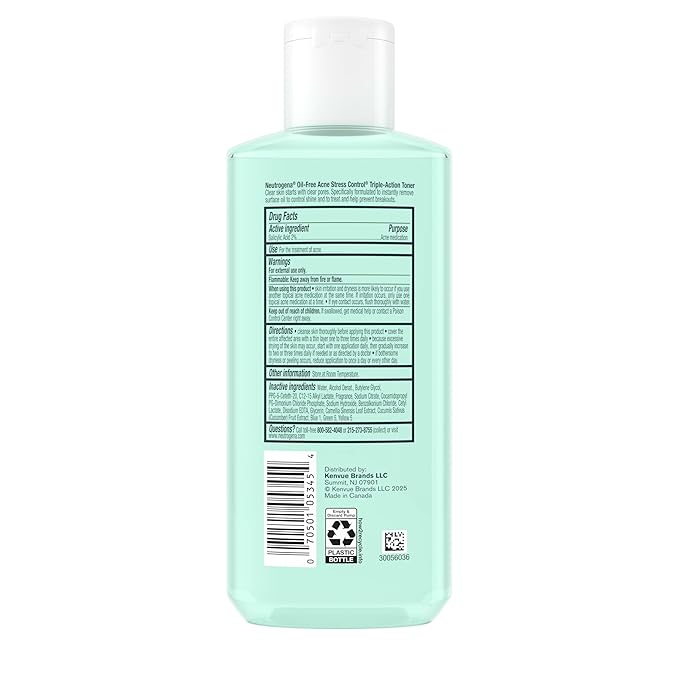 Neutrogena Acne Stress Control Oil-Free Triple-Action Face Toner, Skin Care with 2% Salicylic Acid, Acne Toner for Face with Green Tea & Cucumber Extract, Nourishing & Refreshing, 8 fl. oz