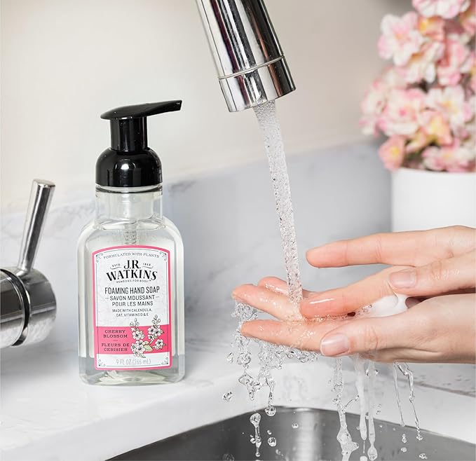 J.R. Watkins Foaming Hand Soap Pump with Dispenser, Moisturizing Foam, Alcohol-Free, Cruelty-Free, Use as Kitchen or Bathroom Soap, Fleurs de Cerisier/Cherry Blossom, 9 fl oz, 3 Pack