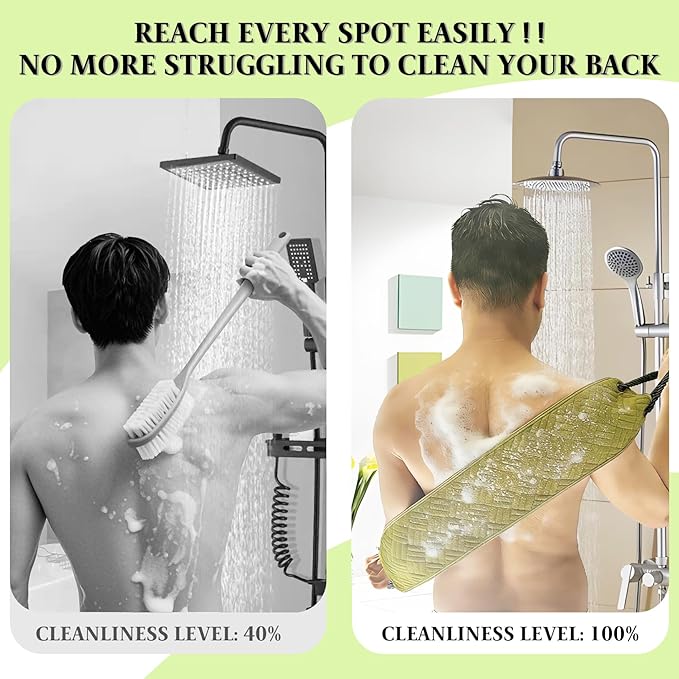 Back Scrubber with Upgraded Handles - 39Inch Double-Sided Body Exfoliator for Shower/Bath, Deep Cleansing Back Washer for Hard-to-Reach Areas, Unisex (Men & Women) (Green)