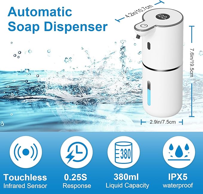Automatic Liquid Soap Dispenser Touchless, USB Rechargeable Smart Hand Soap Dispenser, 6-Level Adjustable, 12.8oz/380mL Wall Mounted for Bathroom Kitchen Accessories Dish Soap-White