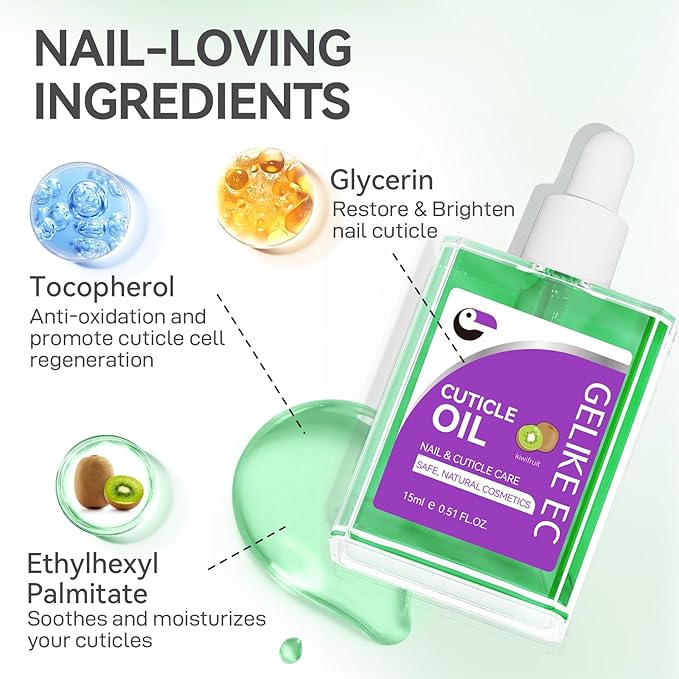 Nail Cuticle Oil for Moisturize and Repair - Gelike EC Easy and Quick Absorb Cuticles Care Treatment - Natural Kiwifruit Smells for Women and Men Dry Damaged Thin Nails