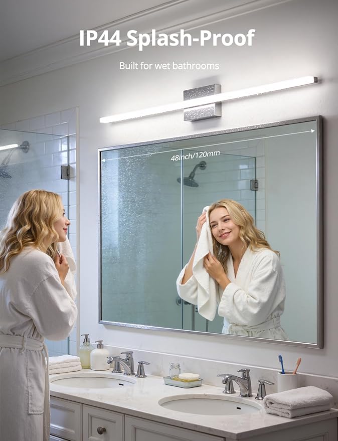 Combuh 48Inch Bathroom Vanity Light Fixtures Extra Long Lighting Bar Above Mirror, Modern Bright 23W 2300LM Wider Coverage Slim Sleek IP44 Rustproof LED Chrome Bath Wall Sconce for Makeup Cool White